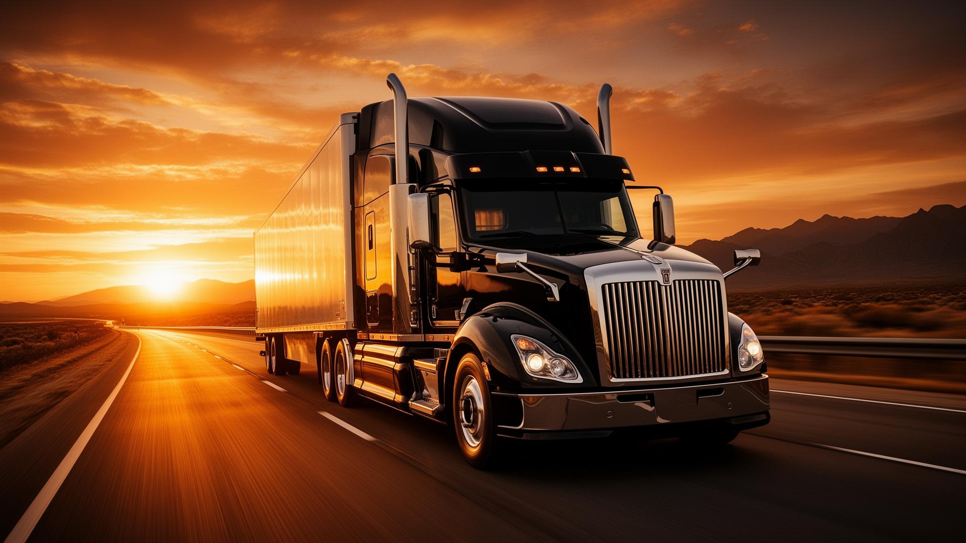 Luxury black semi-truck on a highway at sunset