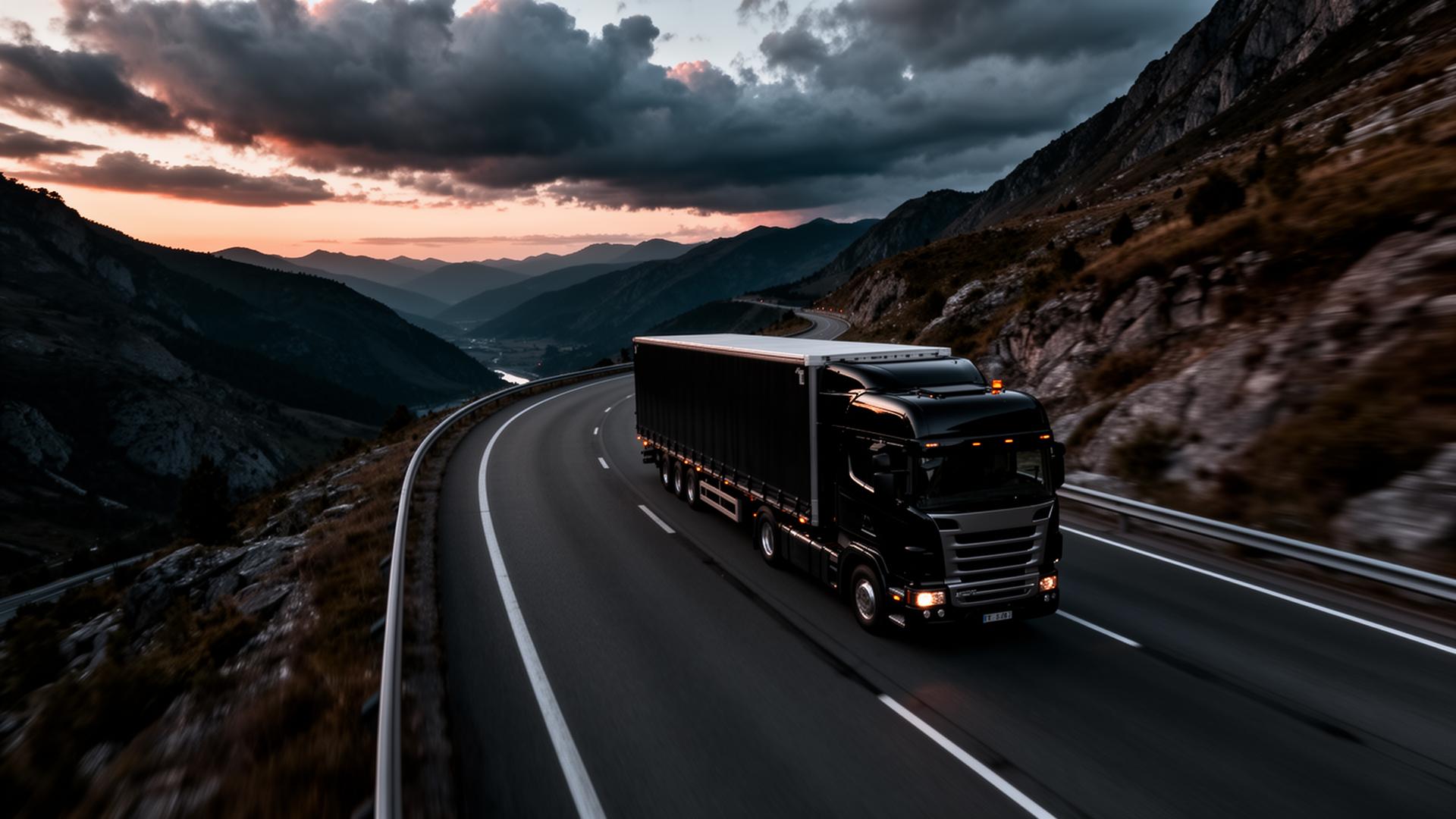 Black semi-truck on a mountain highway